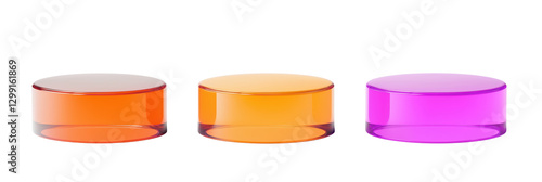 orange pink glass podiums, Round glass pedestals, Transparent background, Colorful glass display, Luxury product showcase, Modern minimalist stand