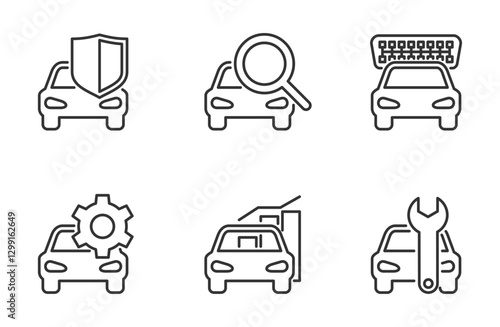 Car diagnostics icons set for OBD devices. In monochrome style