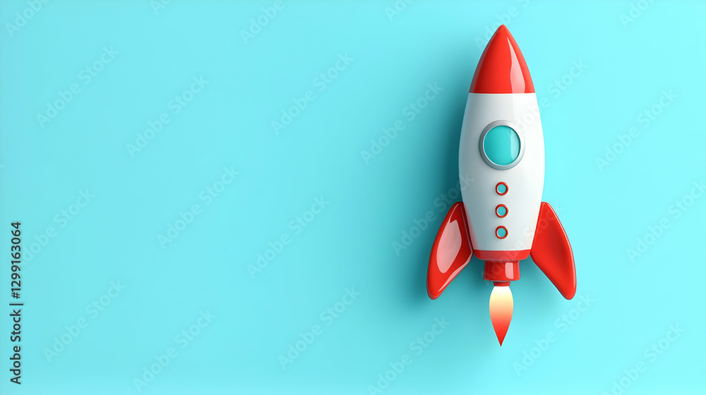 Red And White Rocket With Flames Flying Above A Blue Background Red And White Rocket With Flames Flying Above A Blue Background
