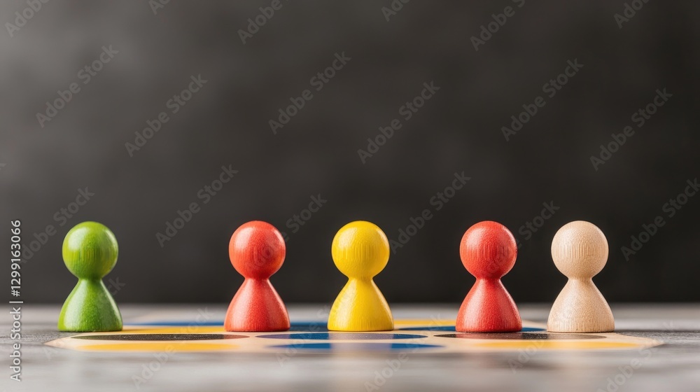 Obraz premium Colorful wooden game pawns stand in a row on a table against a dark background, representing diversity and teamwork.
