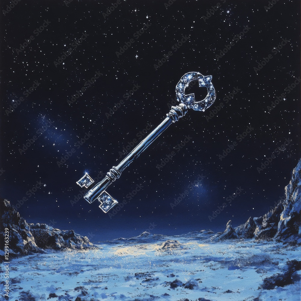 Naklejka premium Celestial Key: A cosmic key floats above a stark, alien landscape under a starry night sky.
