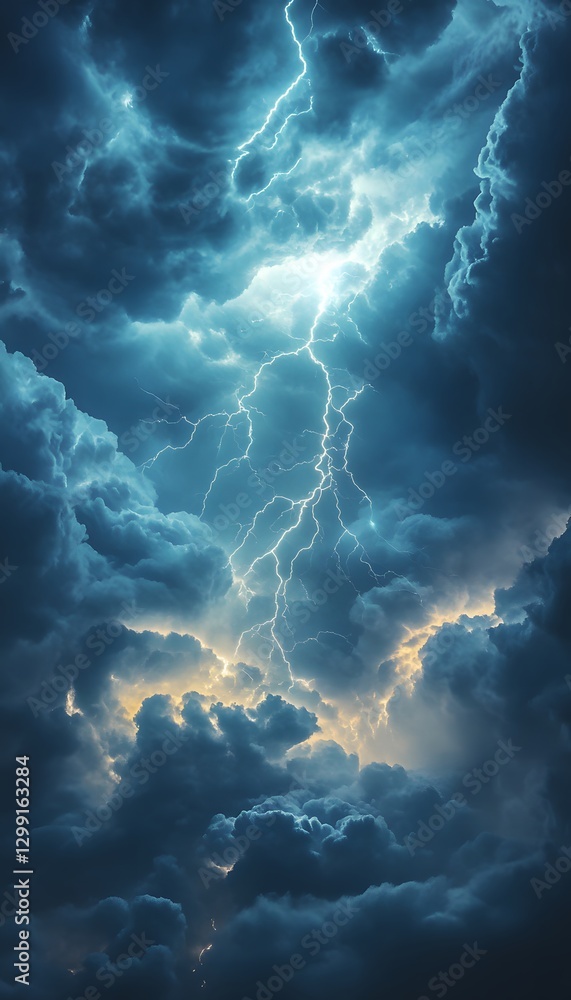 Fototapeta premium Intense lightning strikes through dark storm clouds in the atmosphere