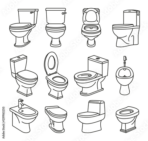 Toilet bowl and bidet side front and perspective view line art icon set vector illustration