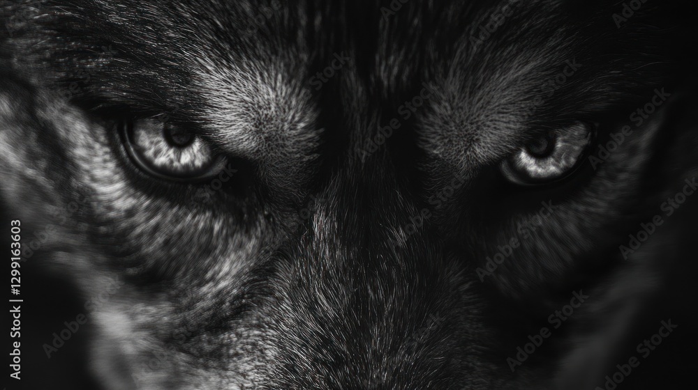 Close-up wolf eyes, fierce stare, forest background, powerful animal portrait Close-up wolf eyes, fierce stare, forest background, powerful animal portrait