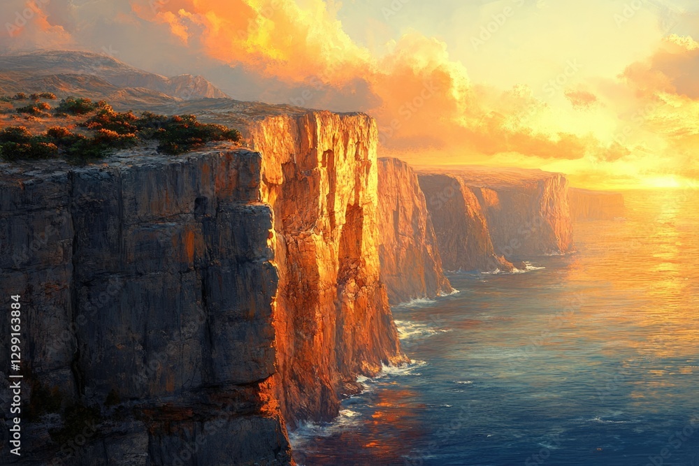 Fototapeta premium Majestic cliffs bathed in the golden light of a breathtaking sunset over a vast ocean.