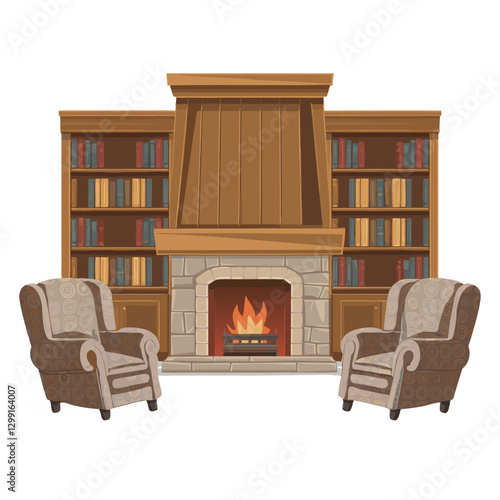 Cozy Library with Fireplace and Armchairs Vector Illustration