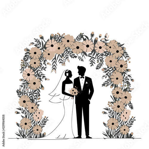 Elegant Wedding Couple Silhouette Under Floral Arch Vector Illustration