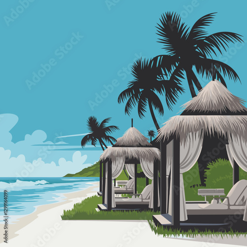 Tropical Beach Paradise with Palm Trees and Luxury Cabana Huts on Sunny Coastline