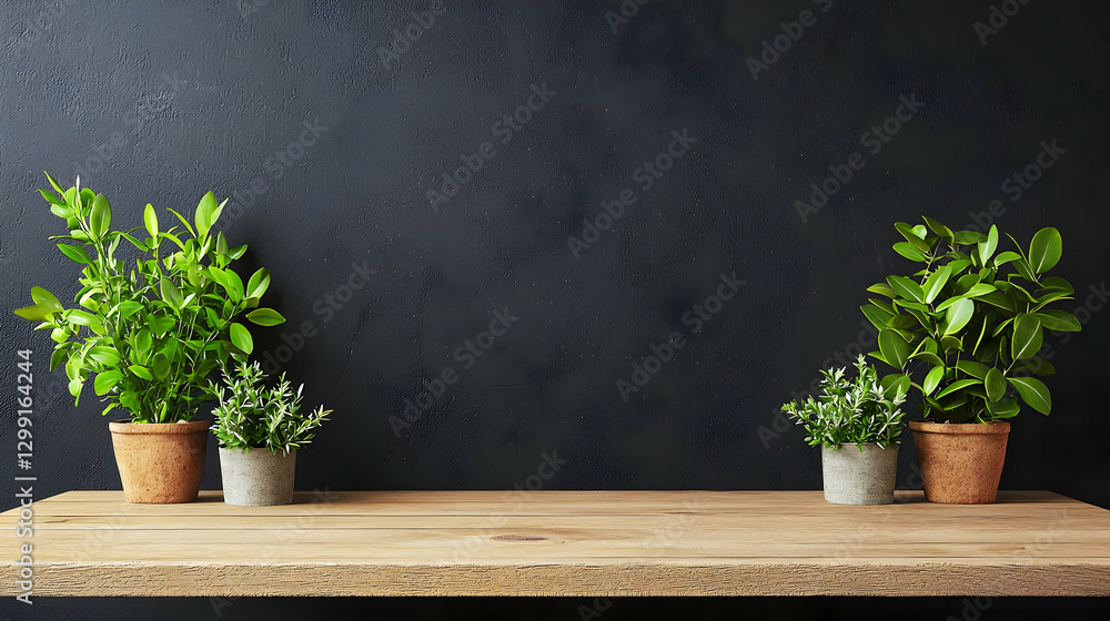 Green Potted Plants on Wooden Shelf Against Dark Textured Background with Rustic Aesthetic Green Potted Plants on Wooden Shelf Against Dark Textured Background with Rustic Aesthetic