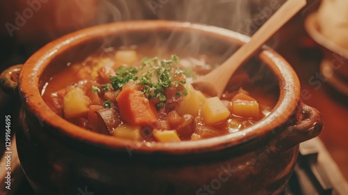 Steaming Bowl of Vegetable Soup with Wooden Spoon in Cozy Kitchen