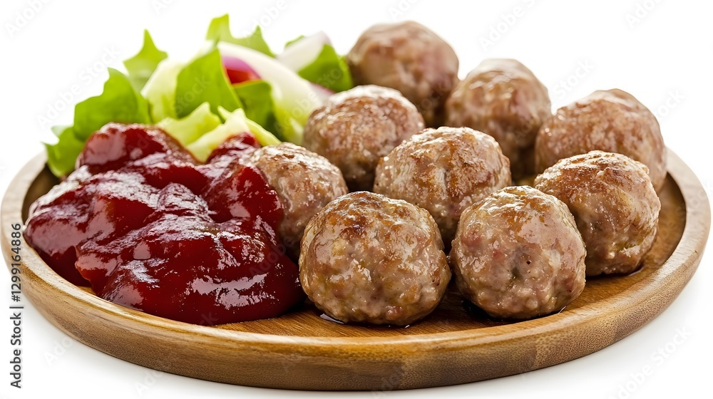 Juicy Meatballs with Tomato Sauce and Salad on Wooden Plate Juicy Meatballs with Tomato Sauce and Salad on Wooden Plate
