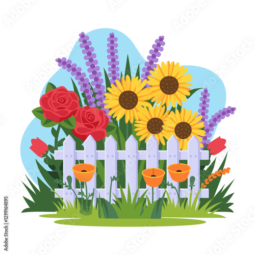 Colorful Floral Garden Vector with Sunflowers and Roses Behind White Picket Fence