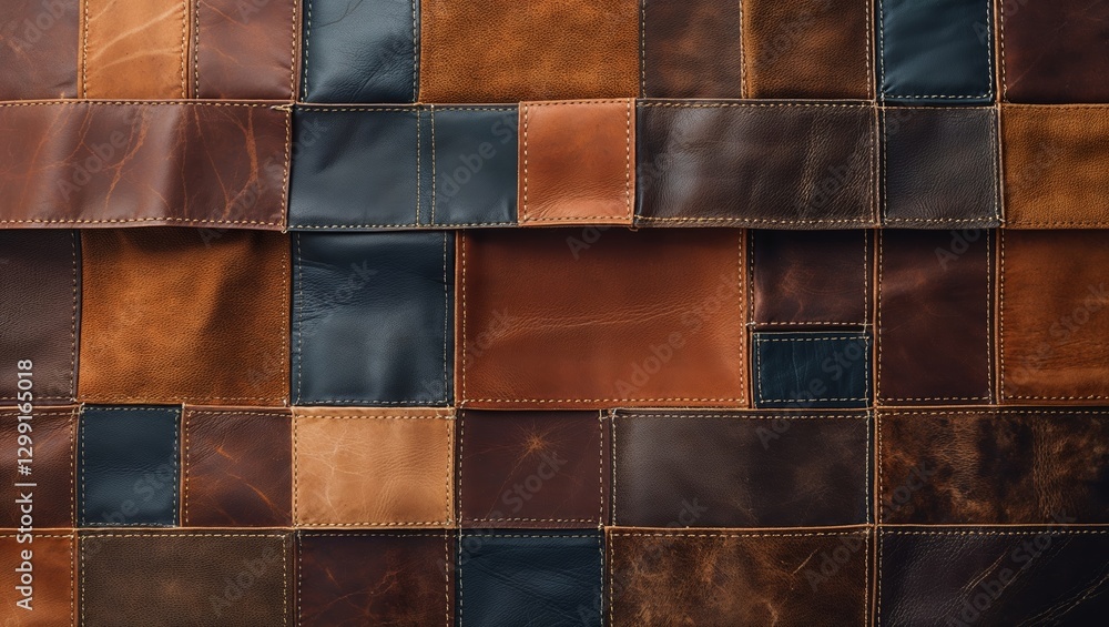 Brown leather patchwork quilt with visible stitches in assorted colors for an organic feel Brown leather patchwork quilt with visible stitches in assorted colors for an organic feel