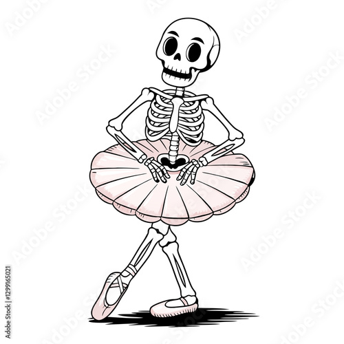 Skeleton Ballerina Dancing in Pink Tutu Halloween Art Vector