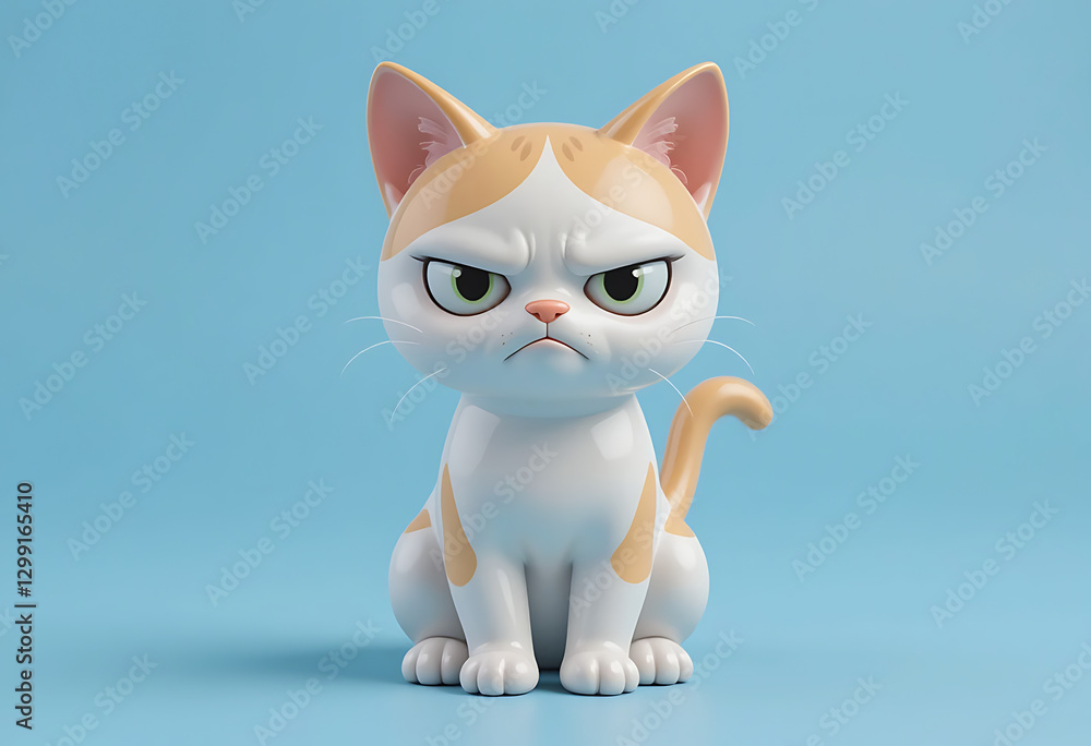 Grumpy Cartoon Cat Figurine on Blue Background Grumpy Cartoon Cat Figurine on Blue Background
