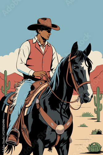 Cowboy Riding Horse in Desert Western Landscape Vector Illustration