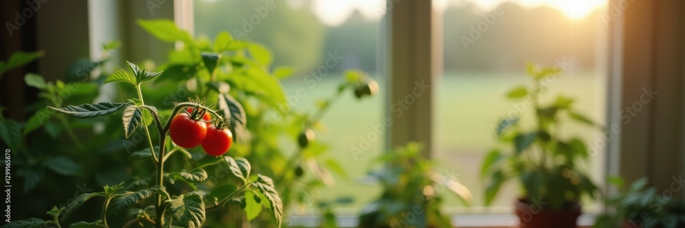 Obraz premium Vibrant indoor garden featuring ripe tomatoes and fresh herbs illuminated by sunlight, showcasing the beauty of growing your own food at home.
