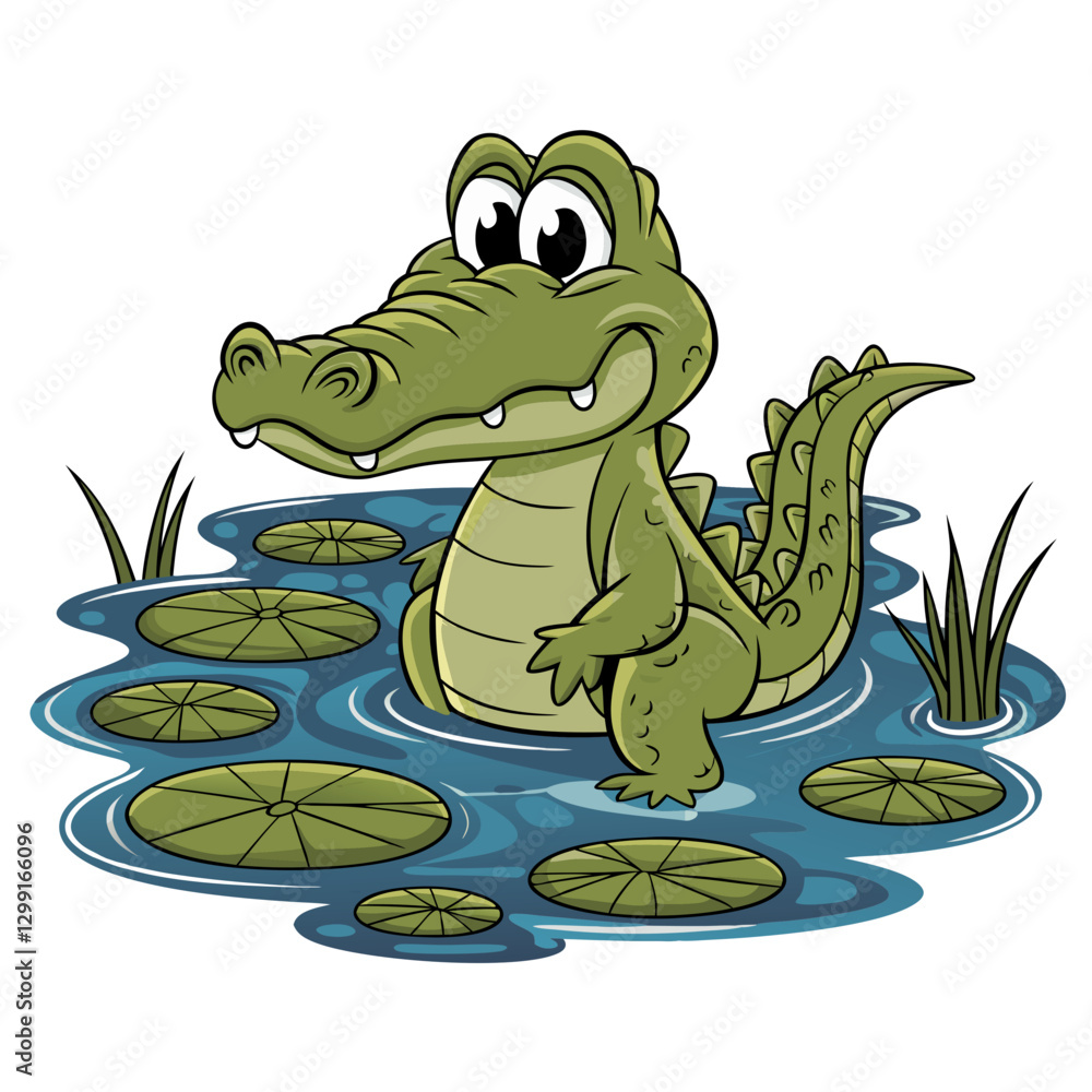 Obraz premium Cartoon Crocodile Standing in Water with Lilypads Vector Illustration