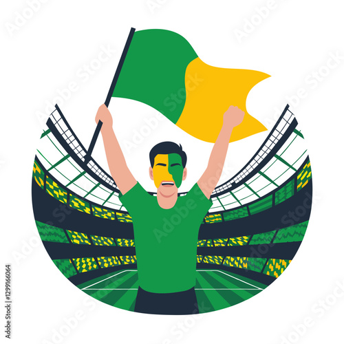 Soccer Fan Celebration in Stadium with Green and Yellow Flag Vector Art
