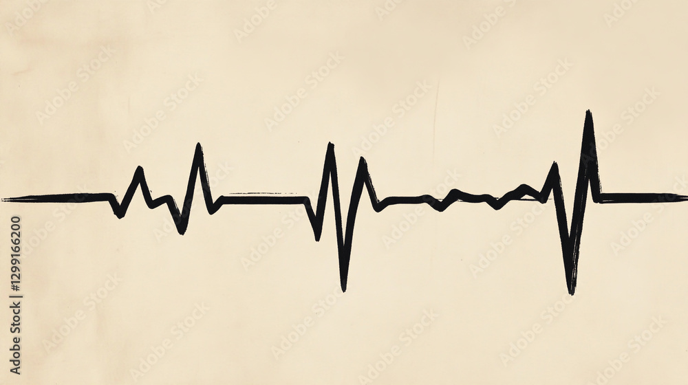 A black line of a heartbeat on clean beige background A black line of a heartbeat on clean beige background