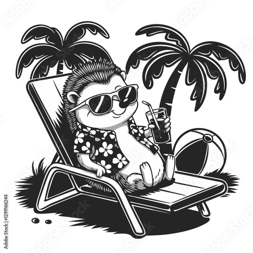 Relaxing Hedgehog on Tropical Vacation Lounge Chair with Sunglasses and Palm Trees