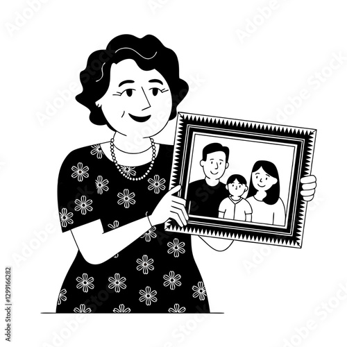 Elderly Woman Holding Family Portrait Illustration Happiness Generations Love