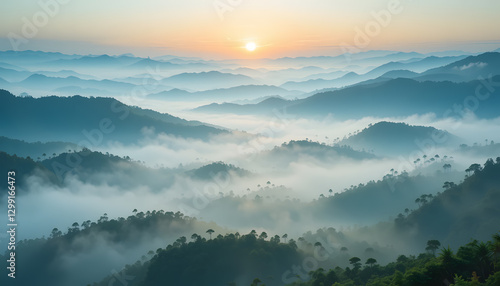 Breathtaking view of mist-covered mountains at sunrise, with soft gradients of blue and green.