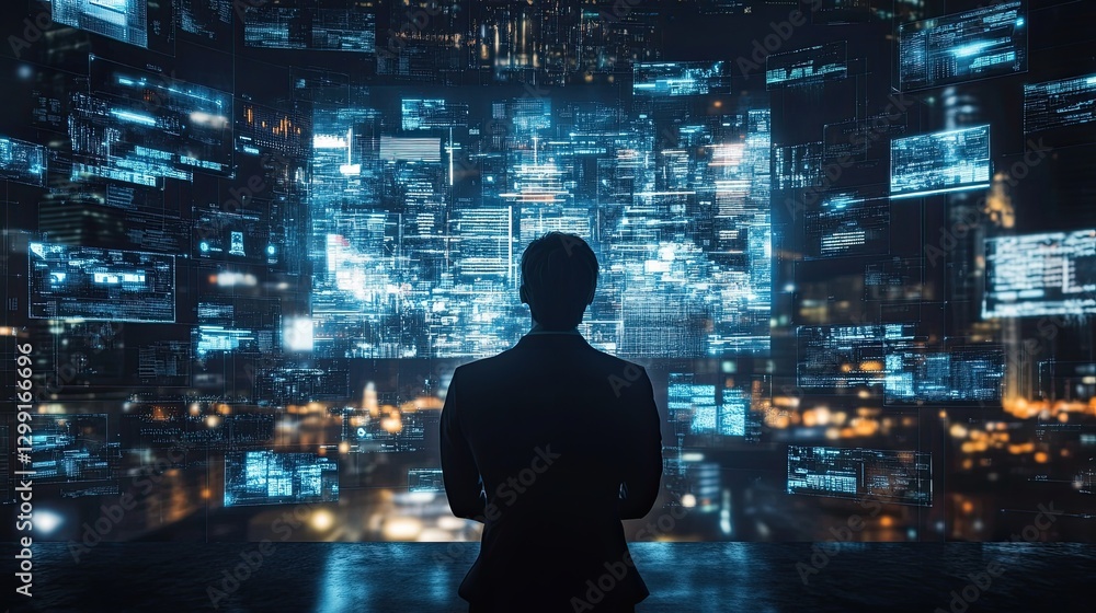 Silhouette of a businessman standing in a futuristic digital city with glowing holographic data screens Silhouette of a businessman standing in a futuristic digital city with glowing holographic data screens
