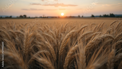 A vast golden wheat field swaying in the breeze under a soft, pastel sunset sky.