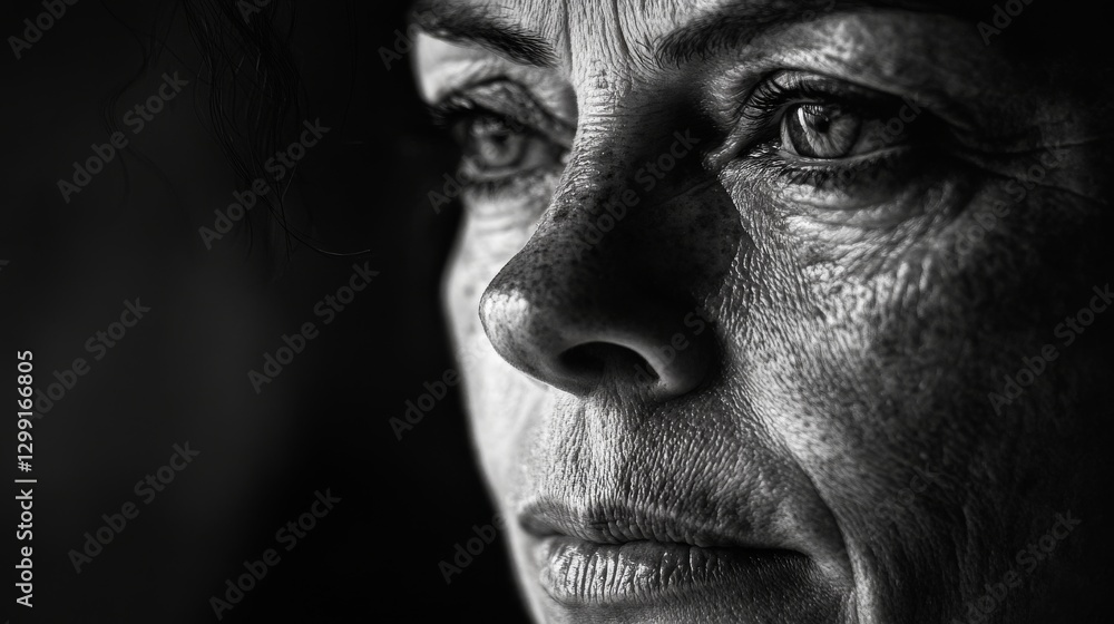 Intense close-up of a woman's contemplative expression, highlighting her textured skin and deep gaze Intense close-up of a woman's contemplative expression, highlighting her textured skin and deep gaze