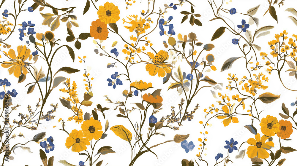 Obraz premium Colorful floral pattern featuring yellow and blue flowers on a white background in a decorative design. Generative AI