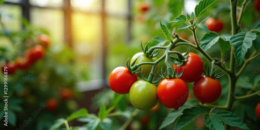 Freshly ripened tomatoes on the vine, showcasing vibrant colors against a blurred garden backdrop, ideal for illustrating home gardening and healthy food cultivation.