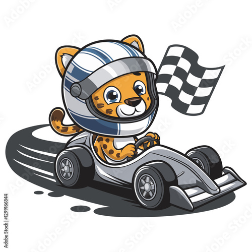 Cute Cartoon Cheetah Racing a Go-Kart with Checkered Flag and Helmet