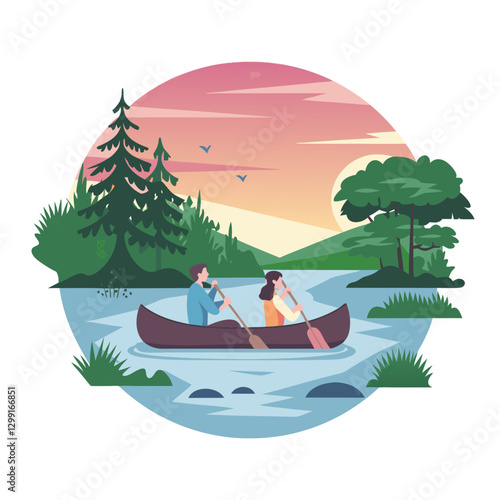 Scenic Sunset Canoeing Adventure on Serene River with Pine Trees and Nature