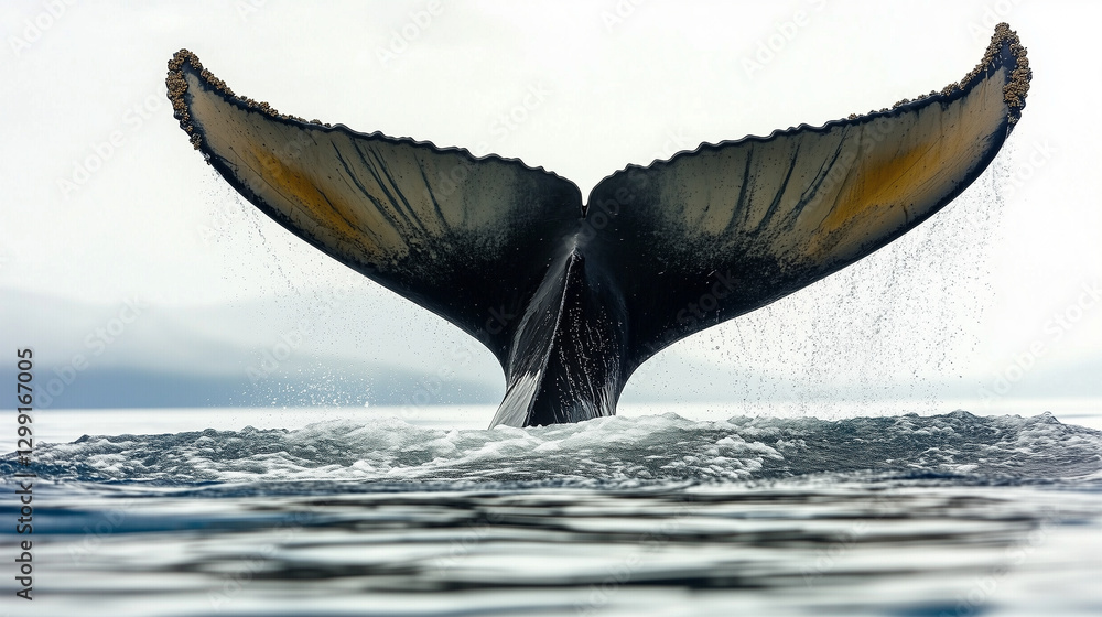 Fototapeta premium Majestic whale tail diving into calm ocean waters during a tranquil morning. Generative AI