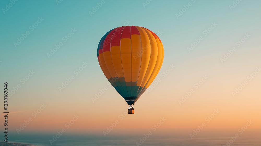 Fototapeta premium Colorful hot air balloon floats majestically at sunset over serene landscape. Generative AI