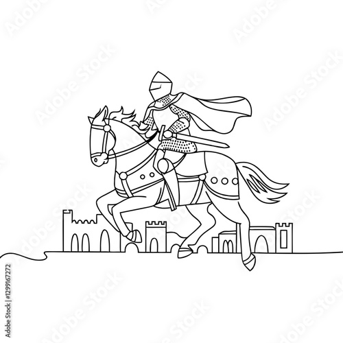 Medieval Knight on Horseback with Castle Outline Line Art Vector