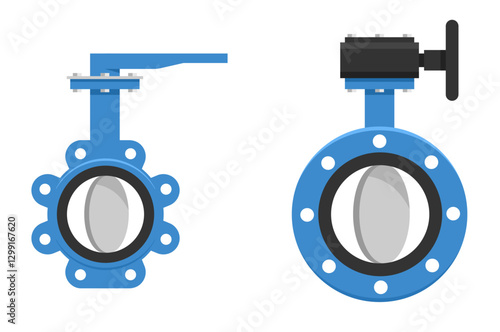 Butterfly valve - rotational gas gate for pipelines. Two types, flat colors