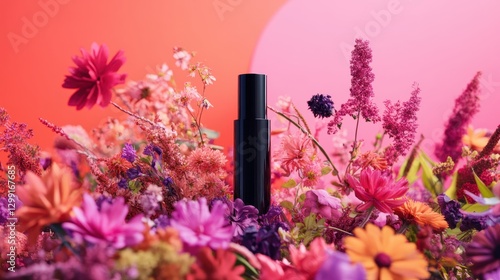 A vibrant red lipstick tube rests elegantly among a colorful array of wildflowers, with delicate petals in shades of pink, yellow, and purple surrounding it, creating a striking contrast.