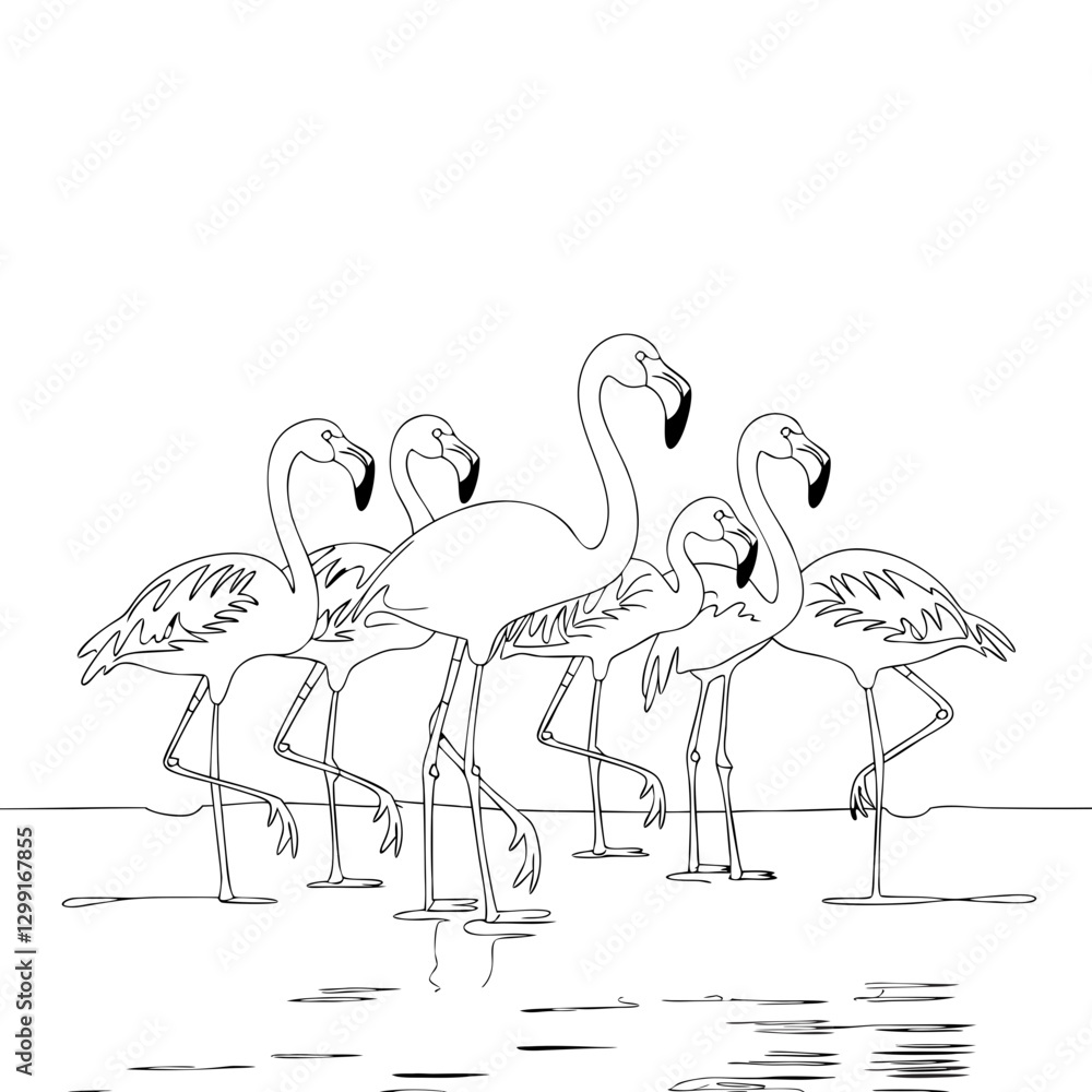Obraz premium Flamingo Group Illustration Wading in Water Minimalist Line Art Design
