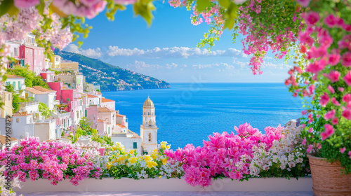 Fototapeta Naklejka Na Ścianę i Meble -  Beautiful coastal view with colorful flowers and charming village along the Mediterranean Sea on a sunny day