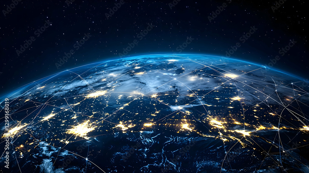 Obraz premium Illuminated Blue Earth Planet Showing City Lights And Stars In Nighttime Sky