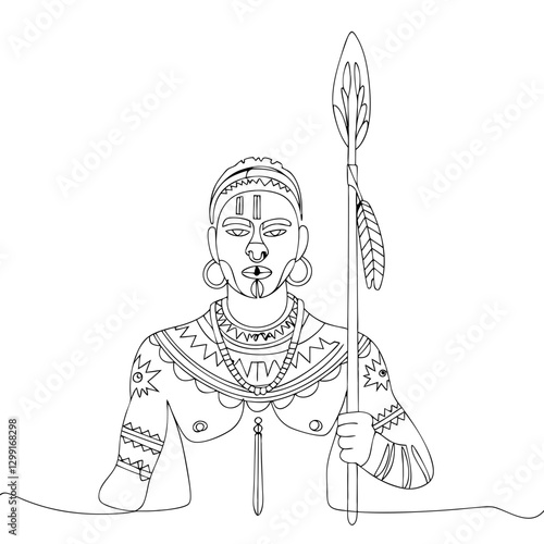 Tribal Warrior Portrait Vector Art With Spear Traditional Cultural Tattoo Design