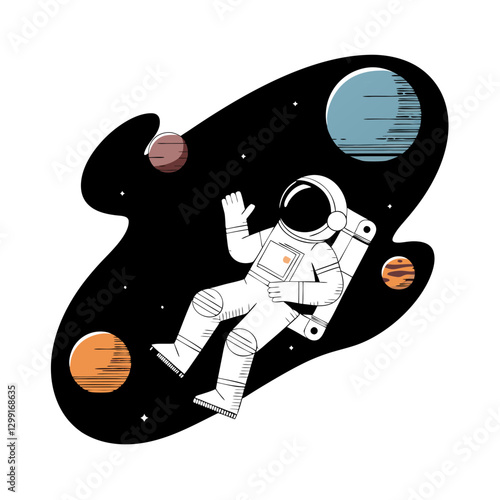 Astronaut Floating in Space with Planets Vector Illustration