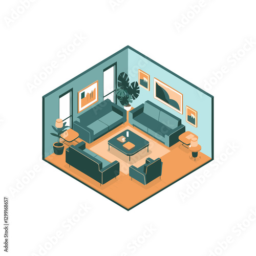 Isometric Vector Modern Living Room Interior Design with Stylish Furniture and Decor