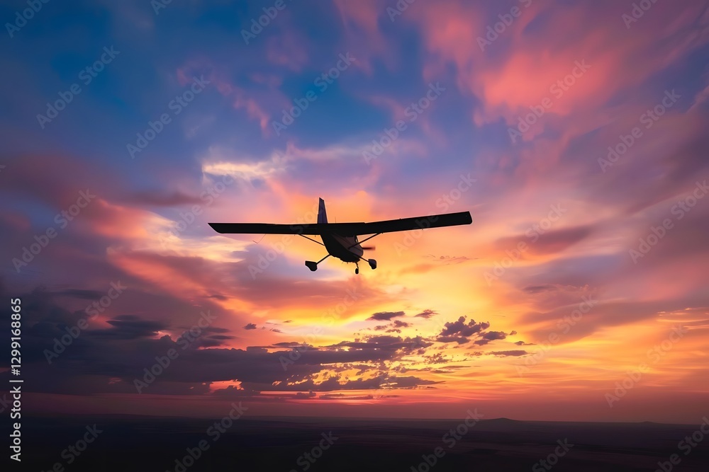 silhouette of a flying machine against a colorful sunset sky evoking adventure and freedom. generative ai silhouette of a flying machine against a colorful sunset sky evoking adventure and freedom. generative ai