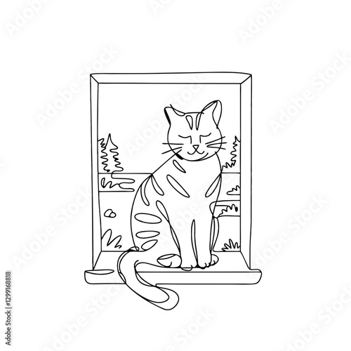 Minimalist Cat Sitting on Window Sill with Nature View Vector Illustration