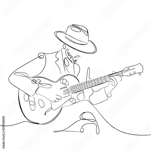 Abstract Line Art Jazz Musician Playing Guitar in Hat Vector Illustration