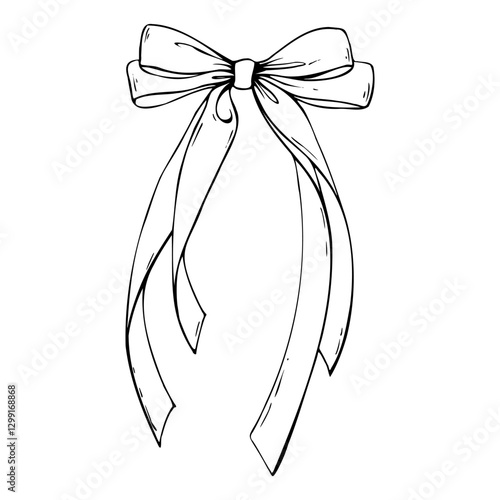 Satin bow made of fabric, narrow in two layers with long twisted ribbons. Graphic sketch illustration hand drawn line art, outline in black ink. Single isolated element vector EPS, for decoration