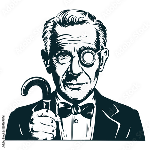 Vintage Gentleman Illustration with Monocle and Cane